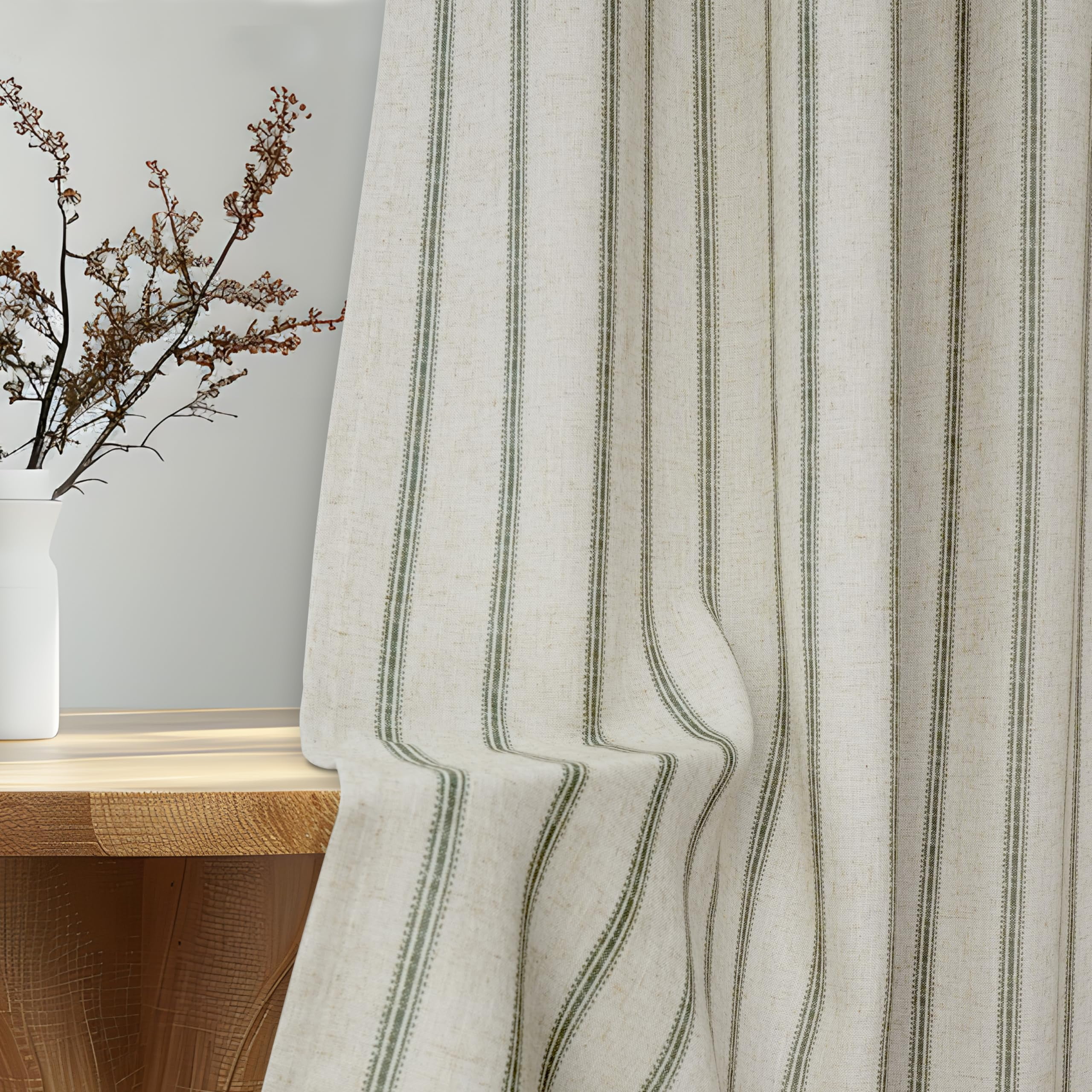 DriftAway Farmhouse Linen Blend Blackout Curtains 84 Inches Long for Bedroom Vertical Striped Printed Linen Curtains Thermal Insulated Lined Treatments for Living Room 2 Panels W52 x L84 Loden Green