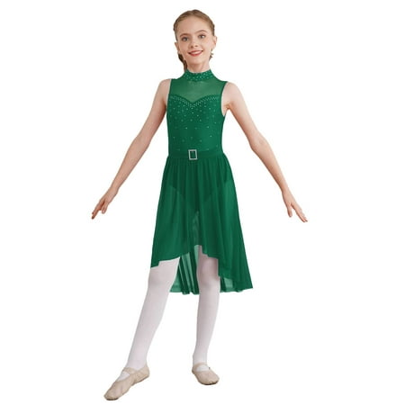 ZDHoor Girls Sleeveless Rhinestones Mock Neck Figure Skating Dress Leotard Ballet Lyrical Dance Costume Green 8