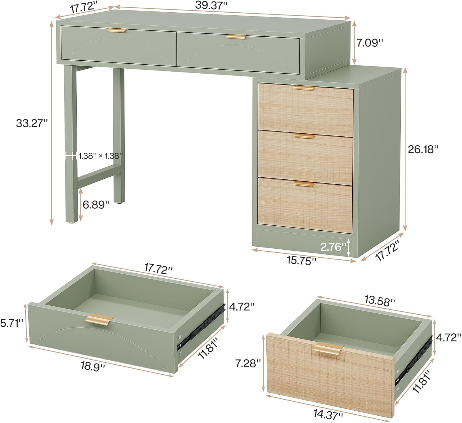 Finmind 39" Computer Desk, Reversible Wood Study Table Office Workstation for Home Office, Green