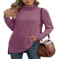 thumbnail image 1 of Ribbed Turtleneck Top for Women - Long Sleeve Basic Shirt with Side Slit, 1 of 4