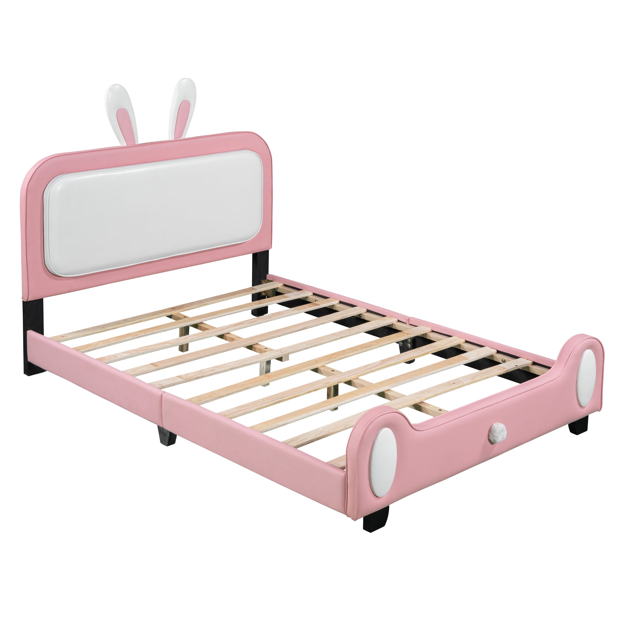 Aukfa Upholstered Platform Bed with Rabbit-Shape Headboard and Footboard, Full Size Princess Bed for Kids - White