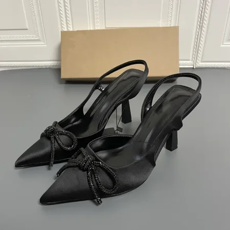 

Crystal Women‘s Mules Sandals for Party Sexy Black New Pointed Bow Back Strap High-heeled Stiletto with Rhinestone Shoes Ladies