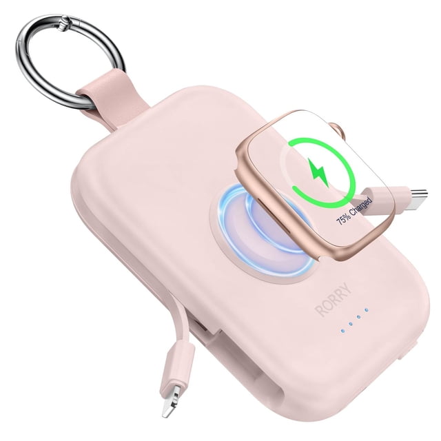 Power Bank RORRY Rosa 5000mAh con Cables Integrados para iPhone y Apple Watch