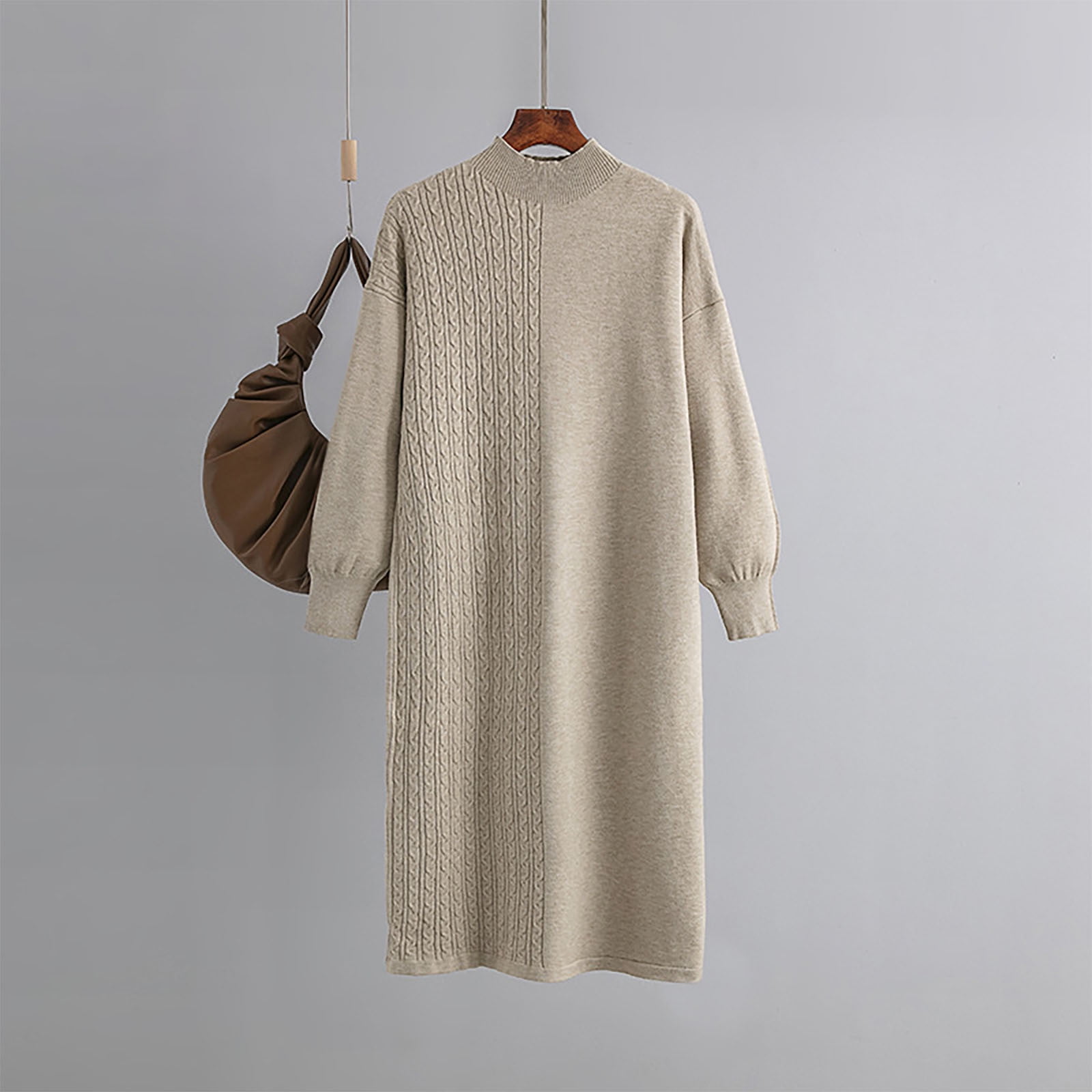 UTSJKR Womens Oversized Sweater Dress Spring Fall Trendy Long Sleeve Crewneck Dress Relaxed Fit Sweatshirts Mini Dresses Khaki Free Size