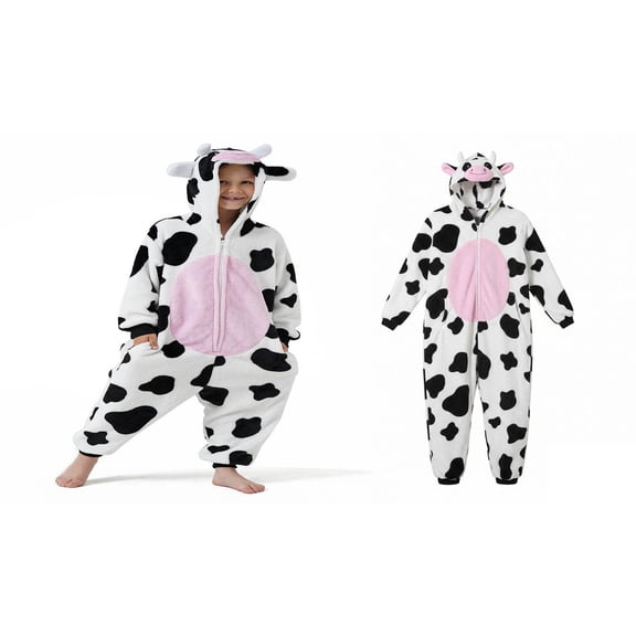 Teen Boys Costume Cow Costume Unisex Long Sleeve Zip up Jumpsuit Animal Costume Kids Girls Dress up Clothes 11-12 Years Boys Halloween Costume