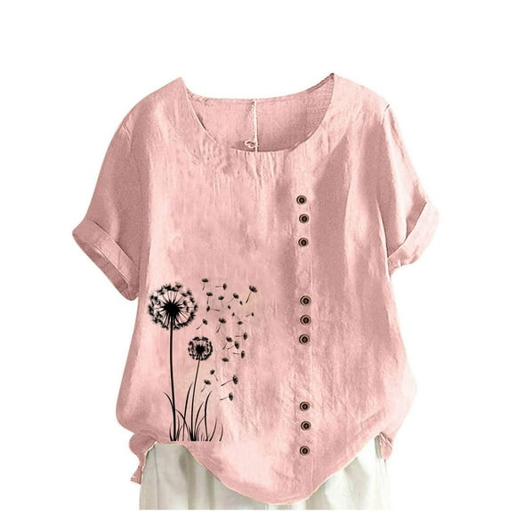LMKIHUSA Womens Short Sleeve Linen Tops Casual Fashion Summer 2025 Shirts Boho Floral Print Tunic Tees Round Neck Button Up Blouses Pink,M