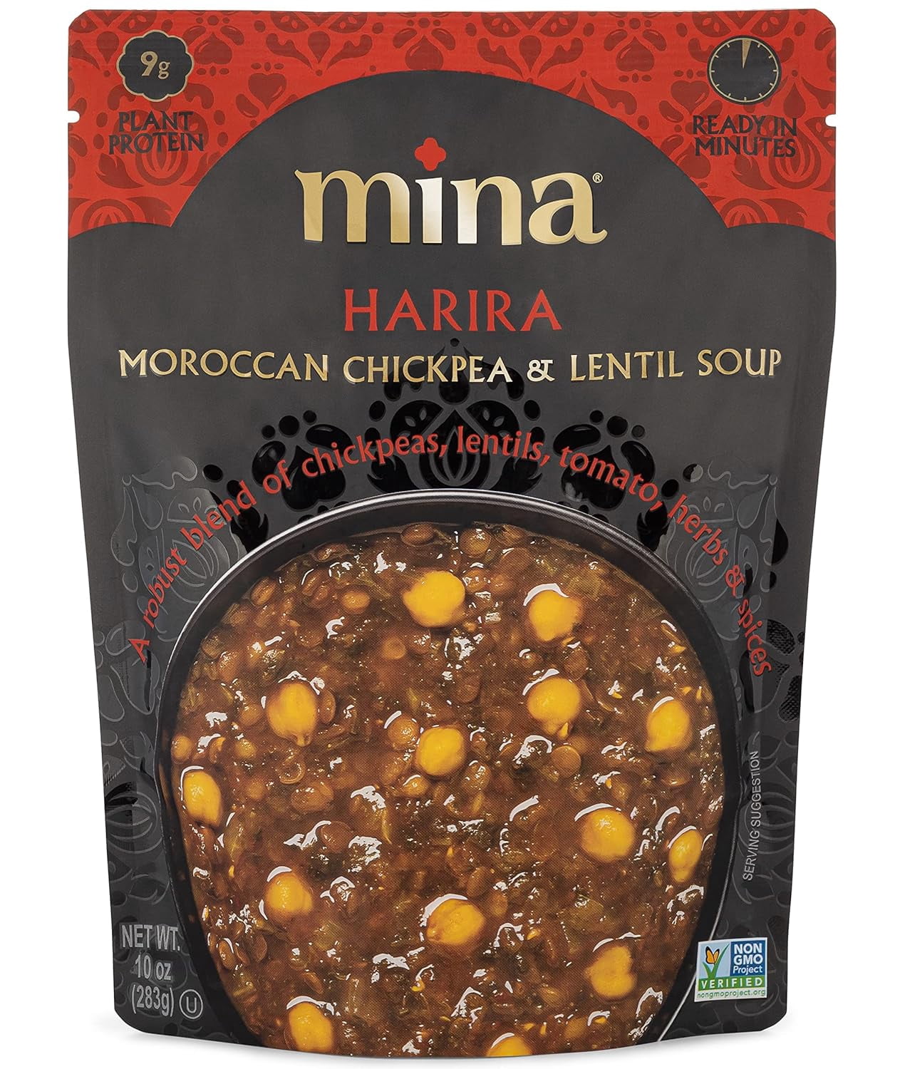 Mina Harira Moroccan Chickpeas & Lentils - 10 oz, 6 Pack, Vegan Lentil Soup, Ready to Eat Meals