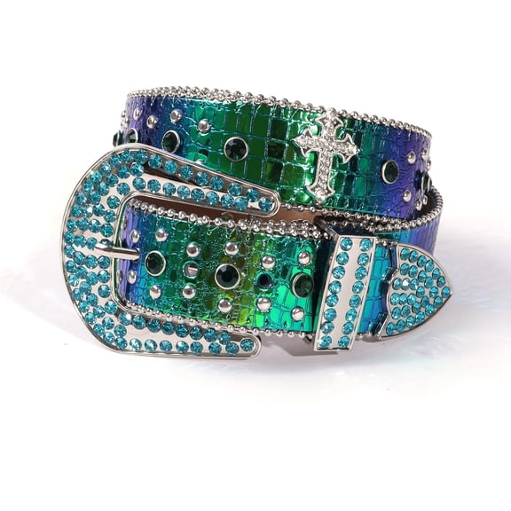 Iridescent Green Faux Leather Belt with Sparkling Rhinestones & Rivets - Street Style Western Cowboy/Cow Design with Cross & Star Charms, Silvery-Toned Buckle - Ideal for Christmas Gift.