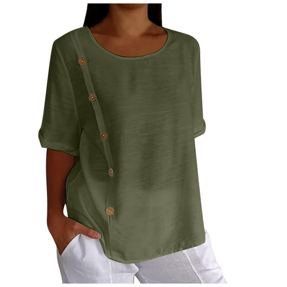 Women's T-Shirts Women's Retro Fashion Solid Color Loose Casual Summer Short Sleeved Side Button T Shirt Tops for Style