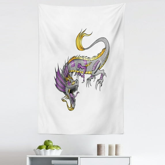 Dragon Tapestry, Far Eastern Beast Fiery Monster with Scales Fangs and Tail, Fabric Wall Hanging Decor for Bedroom Living Room Dorm, 5 Sizes, Grey Violet Yellow, by Ambesonne