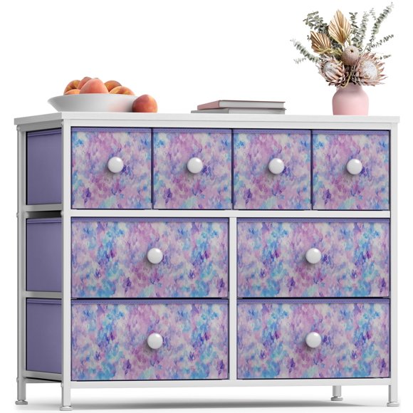 Sorbus Fabric Dresser for Kids Bedroom - Chest of 8 Drawers, Storage Tower, Clothing Organizer, for Closet, for Playroom, for Nursery, Steel Frame, Fabric Bins - Knob Handle (Tie-dye Purple)
