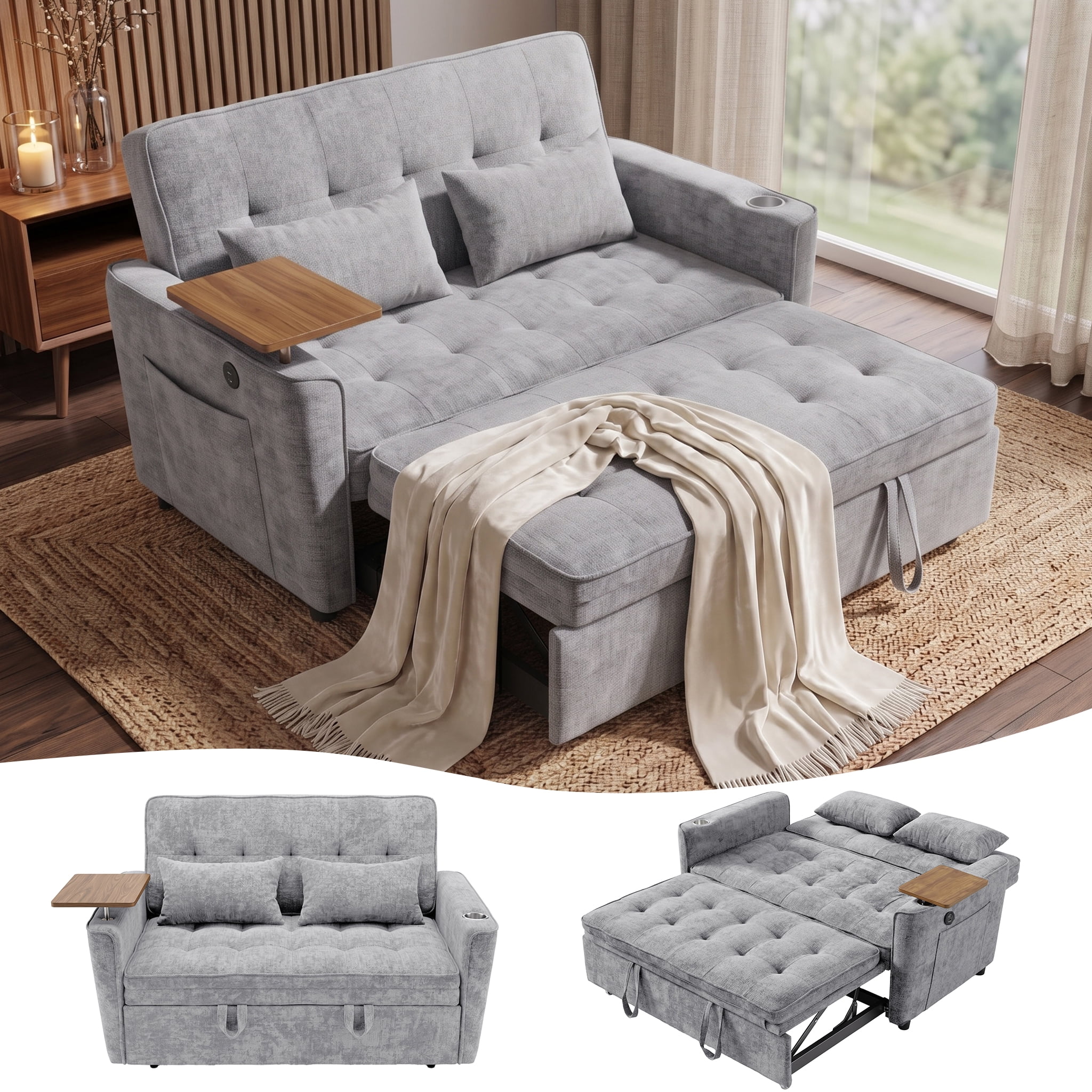 Xiweot 54" Convertible Sleeper Sofa Bed, Full Size Pull Out Couch with Adjustable Backrest, USB Ports & Cup Holder, Chenille Loveseat Sleeper for Apartment Living Room, Light Gray