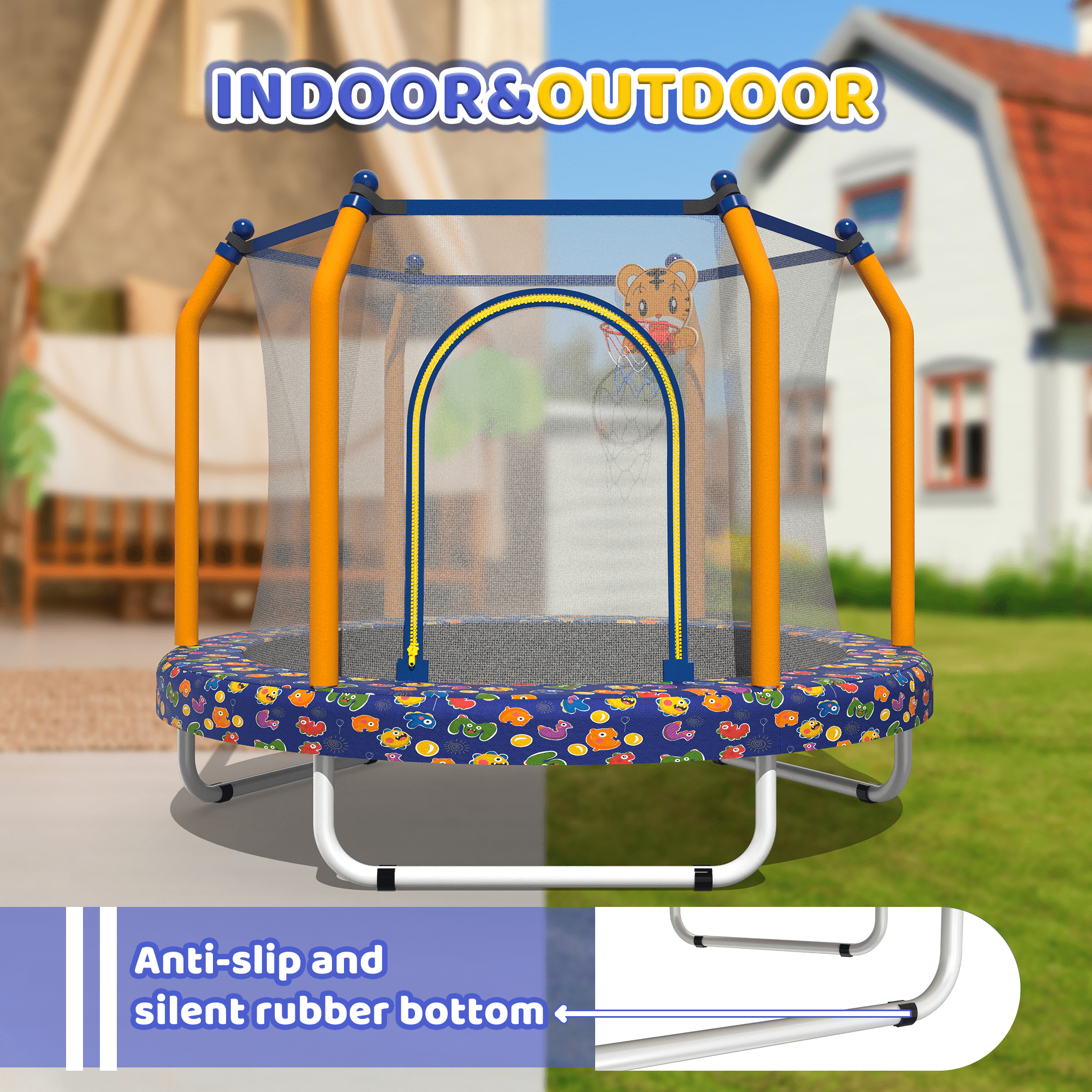 55 Inch Kids Trampoline with Basketball Hoop, Indoor Outdoor Toddler Trampoline with Safety Net