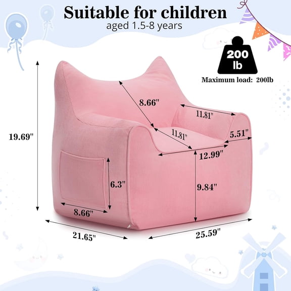 Bean Bag Chair for Kids - Pink Cat Shaped Bean Bag Sofa with Pocket Filler