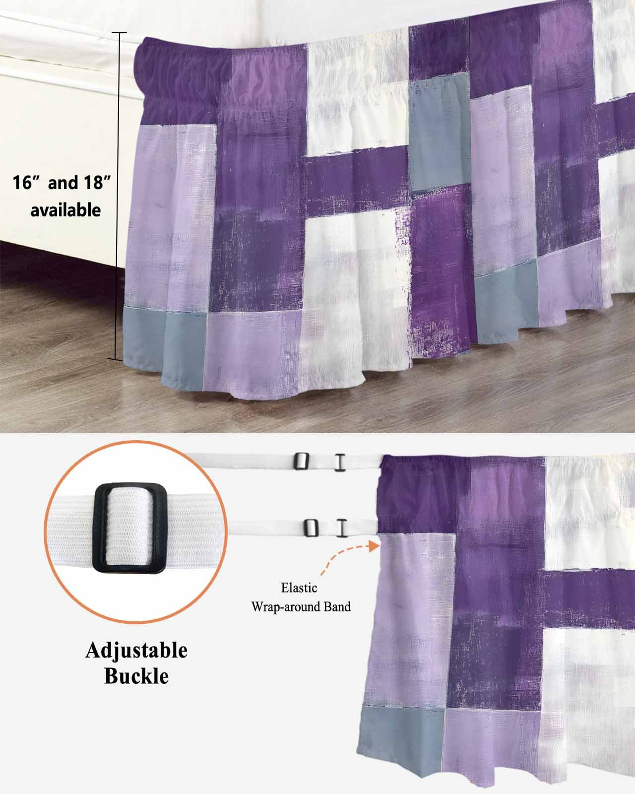 Abstract Purple Bed Skirt King Size 18" Drop Gray Gradient Graffiti Color Block Modern Art Ruffled Wrap Around Bed Skirts Adjustable Elastic Bedskirt Dust Ruffle for King Size Bed