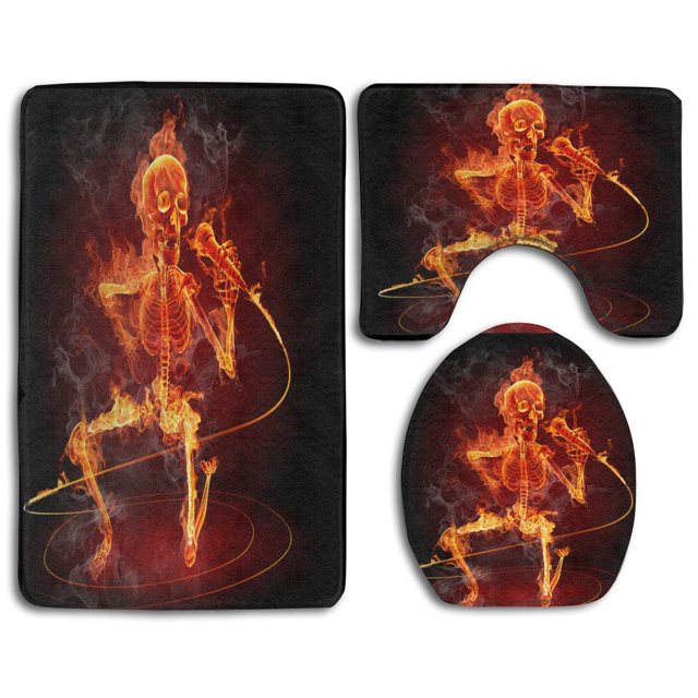 ABPHQTO Amantes de la música, esqueletos de fuego Juego de alfombras de baño de 3 piezas Alfombra de baño Alfombra de contorno y tapa de inodoro