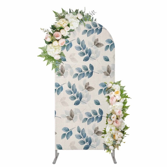 Blue Botanical Fall Arch Backdrop Cover, Spandex Fitted Wedding Arch Cover, Pastoral Maple Leaf Autumn Rustic Round Top Stand Covers for Birthday Ceremony Bridal Shower Party Decor 6x2.6 Ft