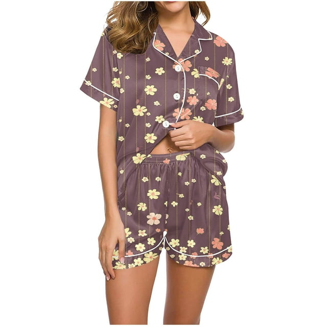 Jamicy Pyjama d'Halloween pour Femmes, Mode Décontractée, Imprimé, Haut à Manches Courtes avec Col à Revers et Short, Ample et Confortable, Ensemble de Pyjama pour la Maison