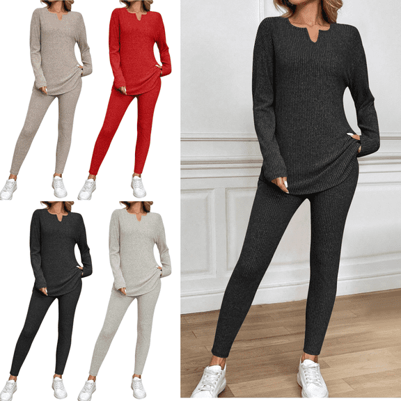 Xdegoge Womens Ribbed Knit Sets Lounge 2 Piece Slim Fit Comfy Outfits Long Sleeve Pullover Tops Soild Color Cozy Sweater Stretch Elastic Waist Pants Leggings Fall Matching Pajama Fashion Loungewear