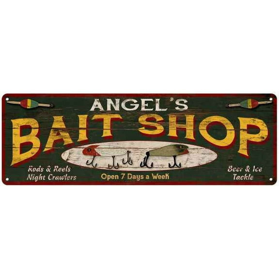 ANGEL'S Bait Shop Sign Wood Look Man Cave Den Gift 6x18 Metal 206180024208