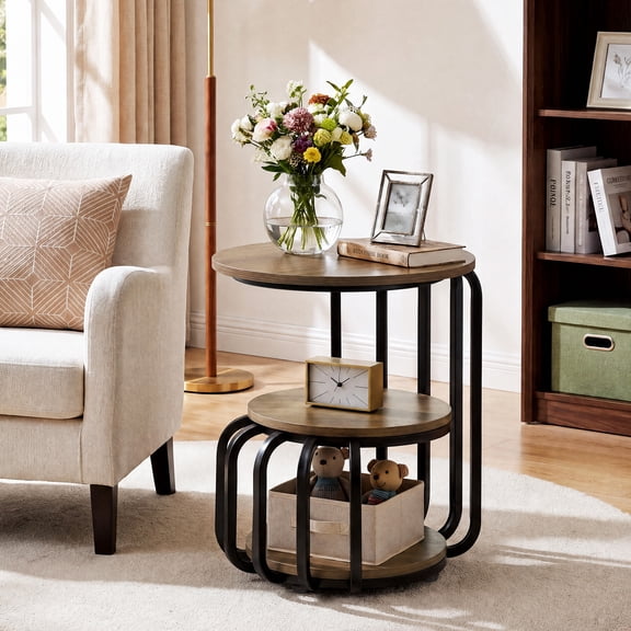 Tribesigns 19.7" Round Side Table with 3-Tier Storage Shelves, Industrial End Table with Metal Frame for Living Room Bedroom Small Spaces
