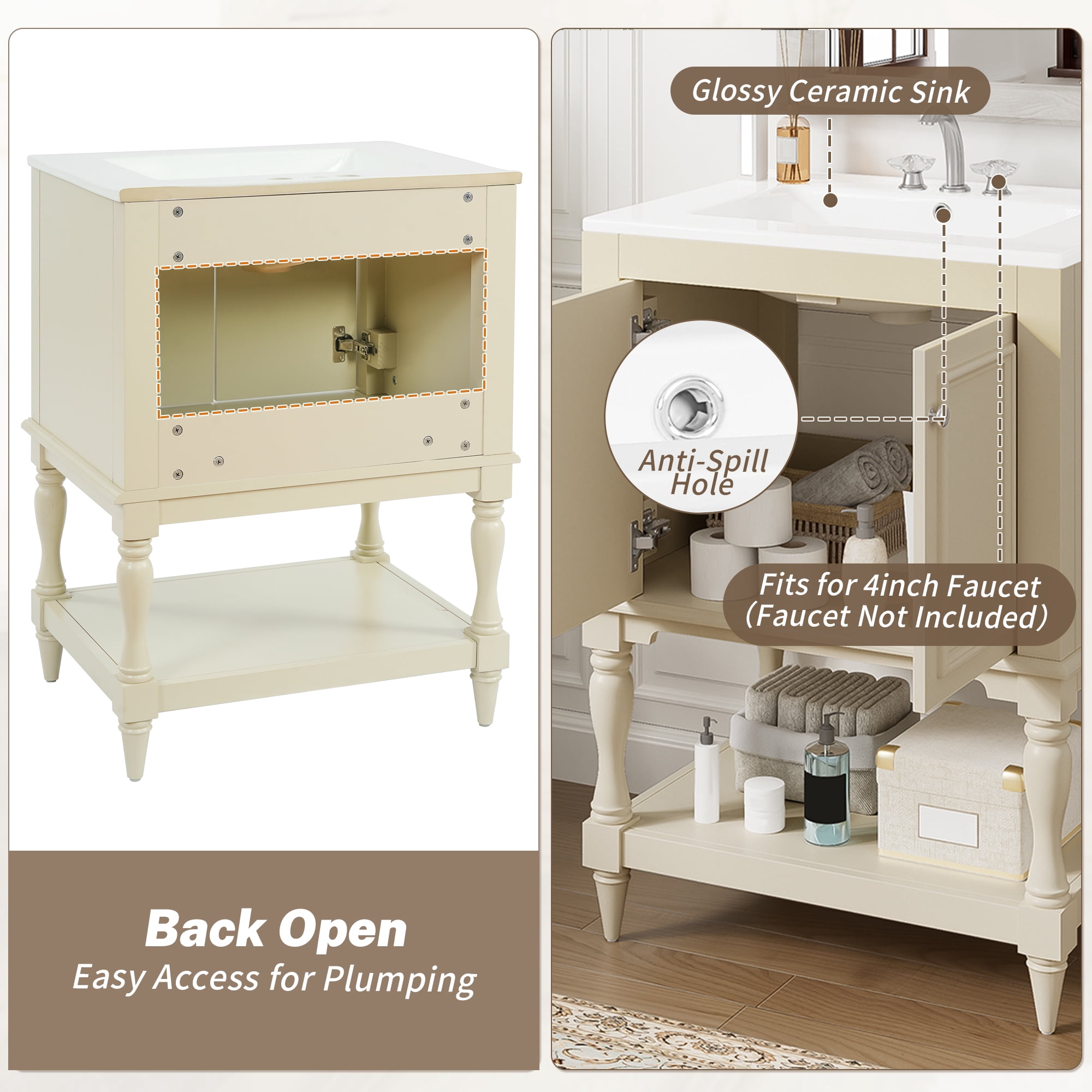 Harper & Bright Designs 24" Free Standing Single Basin Vanity Set, Bathroom Vanity with Sink Combo with Open Shelf, Bathroom Sink Storage Cabinet for Small Space, Beige