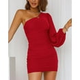 thumbnail image 6 of Women One Shoulder Ruched Bodycon Mini Dress Puff Long Sleeve 2023 Spring Summer Club Party Cocktail Short Dresses, 6 of 14