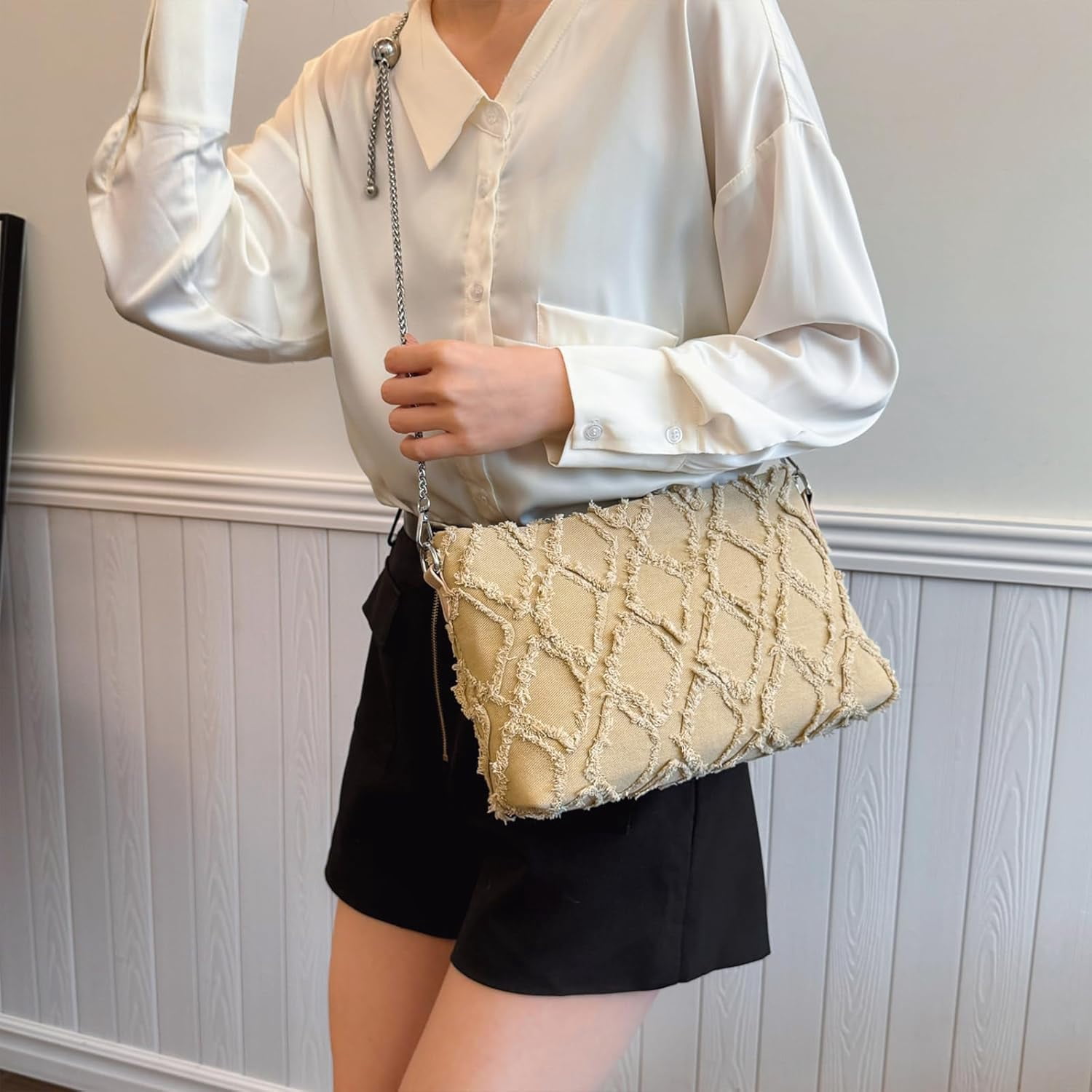 Denim Crossbody Bags for Women Trendy Quilted Denim Bag Jean Purses and Handbags with Chain Strap