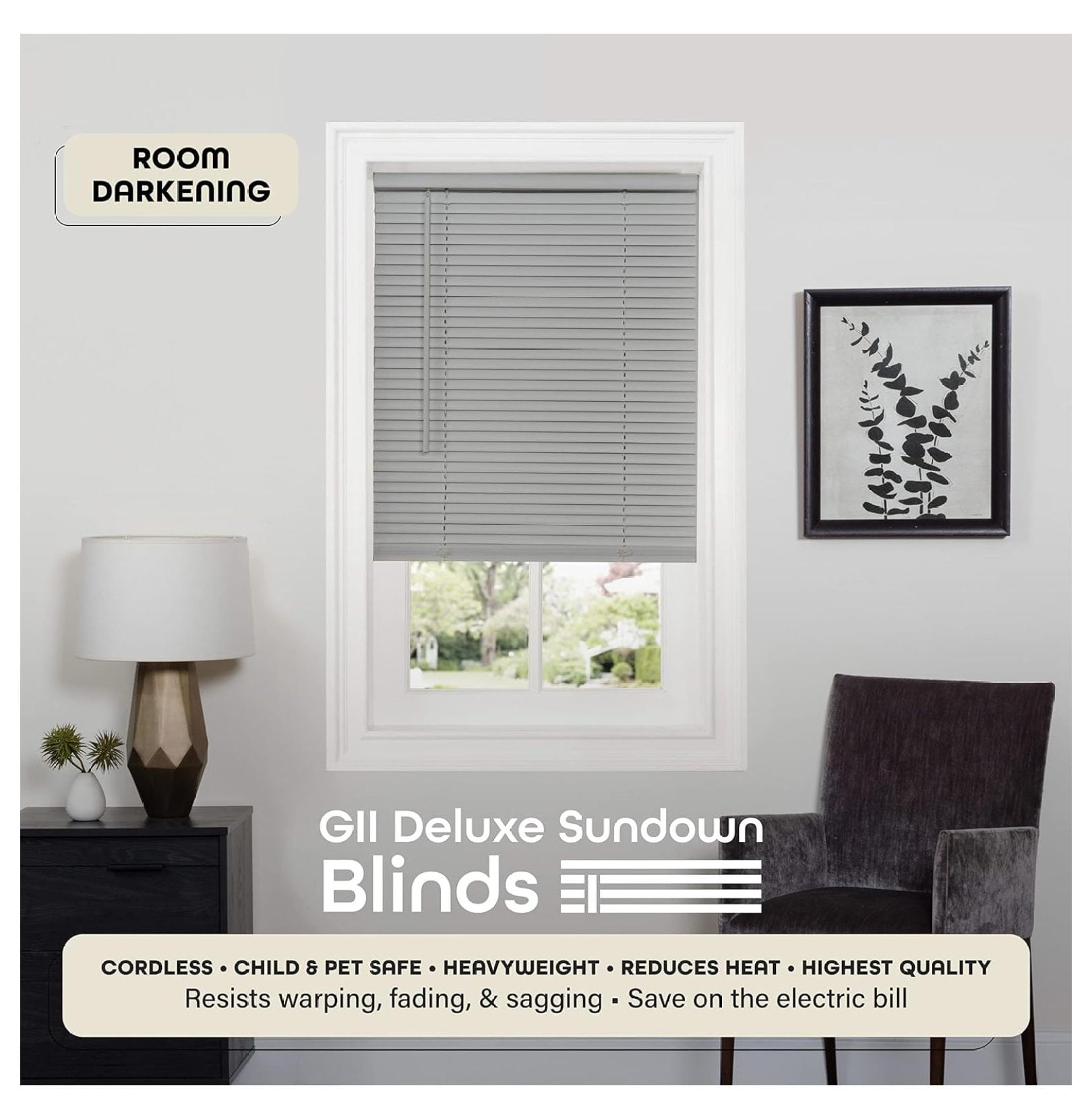 Achim Home Furnishing Window Blinds: GII Cordless Deluxe Sundown Room Darkening Mini Blinds (Gray, 31" x 64")