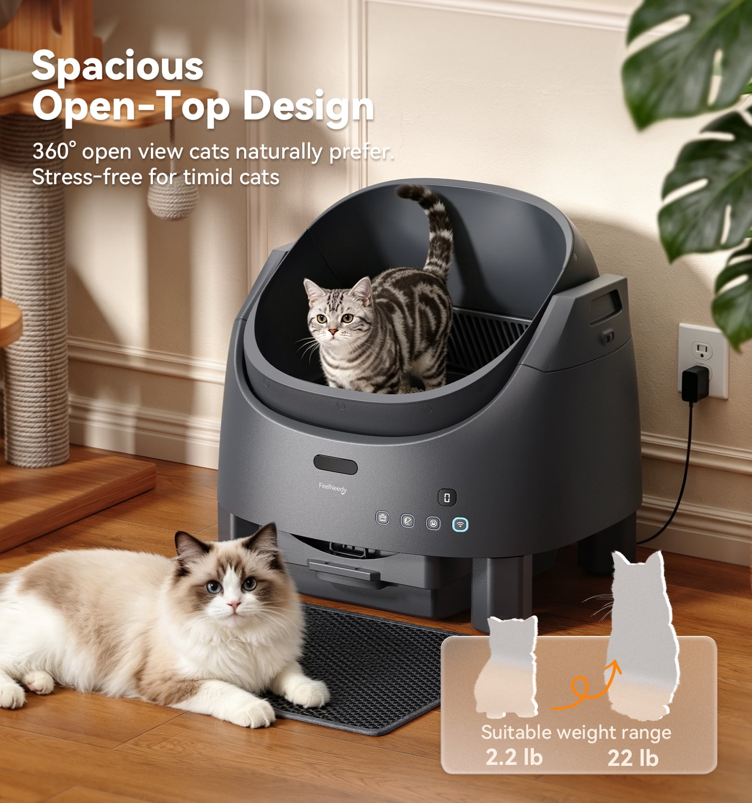 FeelNeedy Self Cleaning Cat Litter Box, Open-Top Smart Automatic Litter Box with App Control, Odor Control, Safety Sensors, Includes Mat and Waste Bags, for Multiple Cats