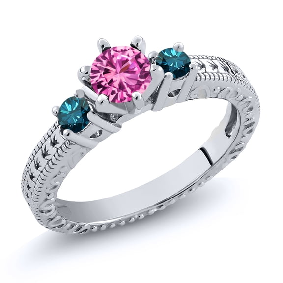 Gem Stone King 0.75 Ct Round Pink Created Sapphire Blue Diamond 925 Sterling Silver Ring (Size 6)