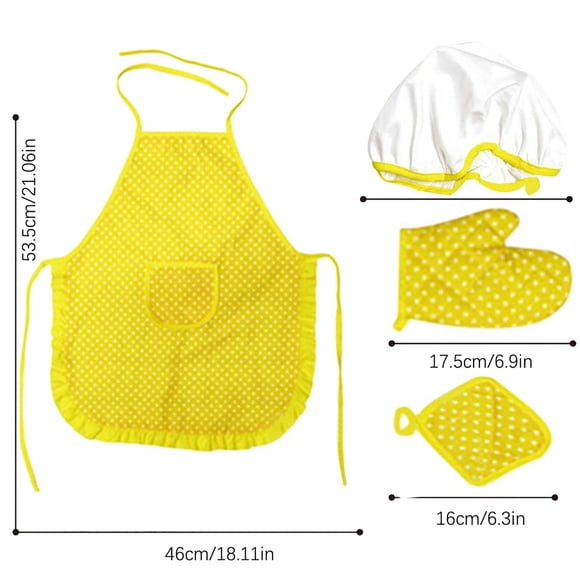 HCBY Kids Apron and Chef Hat Set, Adjustable, Machine Washable for 4-12 Years Old - Baking, Gardening, Role Play 4-Piece Cooking Costume Set (Yellow,21"x18"+10"+7"+6")