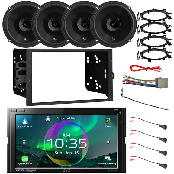 JVC KW-M875BW 6.8" Touchscreen Double DIN HDMI/WiFi Bluetooth USB Stereo Receiver, 4x 6.5" 150W Speakers w/Adapters, Radio   Speaker Harness, Antenna Adapter, Install Kit For Select 95-Up GM Vehicles
