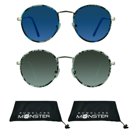 2 Pairs of Round Mirror Sunglasses Womens Thin Wired Metal Frames. Blue and Silver Mirrored.