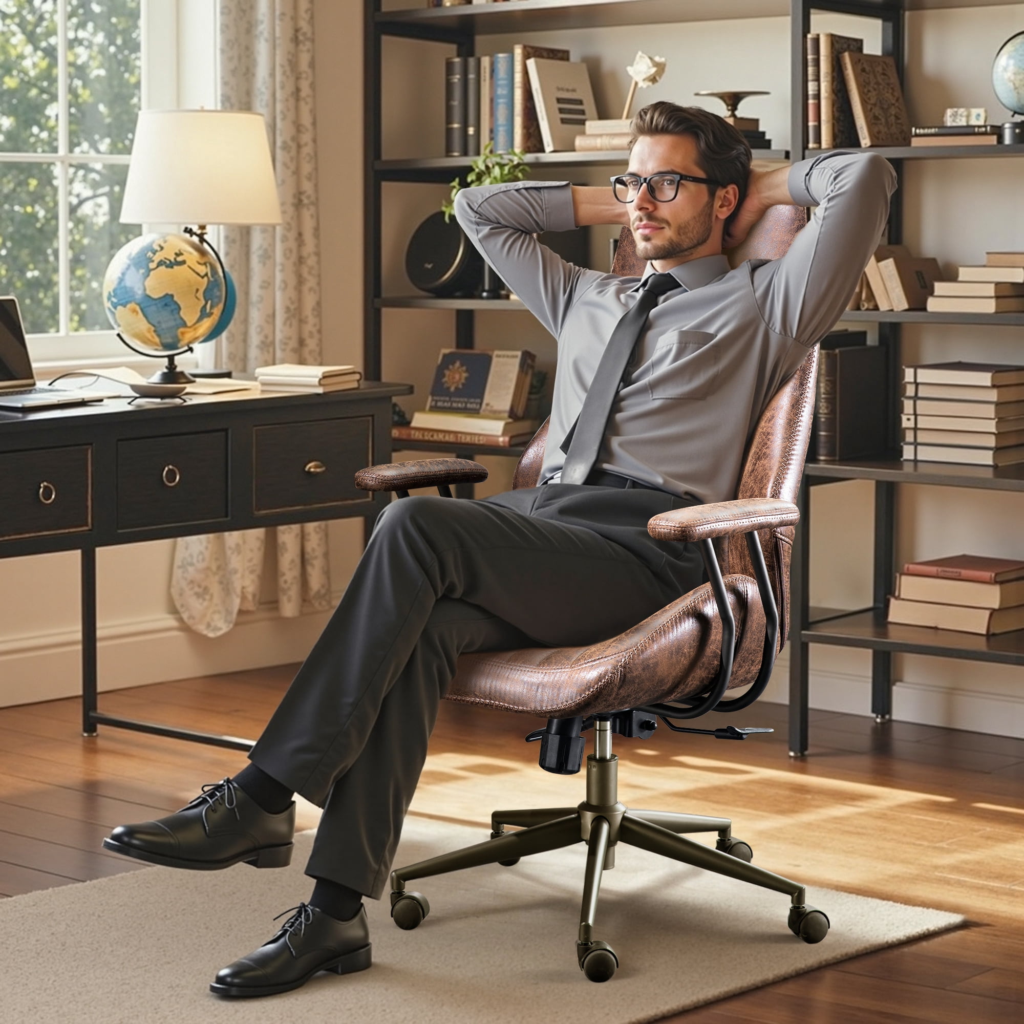 Toject Ergonomic Office Chair, High Back Comfy Home Office Chair with Lumbar Support, Mid-Century Modern Computer Executive Desk Chair with Padded Armrests (Suede Leather, Dark Brown)