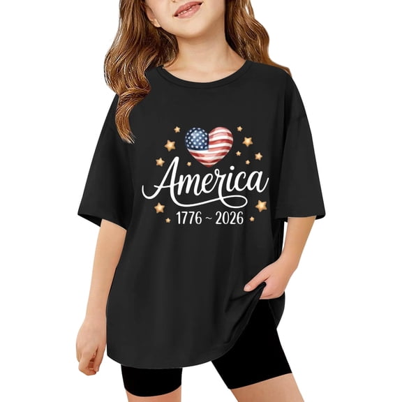 2026 USA 250th Anniversary T Shirt for Girls Kids Patriotic American Flag Short Sleeve Crewneck Tops