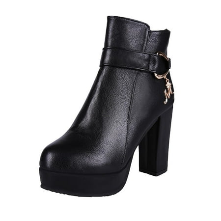 

Mackneog Ladies Solid Color Belt Buckle Side Zipper Chunky High Heel Short Boots Gift on Clearance