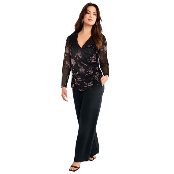 Roaman's Women's Plus Size Velvet Burnout Surplice Top