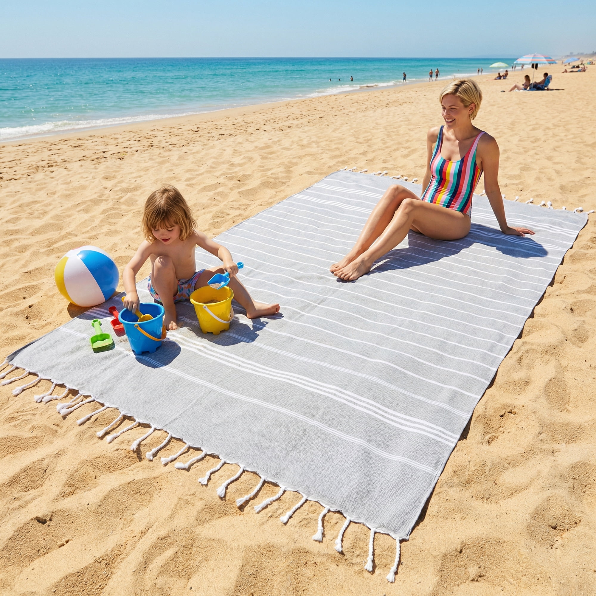 Unique Bargains Stripe Turkish Sand Free Towel 2 Pack Grey/Pink 71"x35"