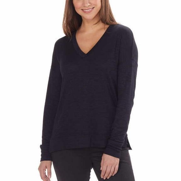 Kirkland Signature Ladies' Long Sleeve V-Neck Top (Navy Marled, Small)
