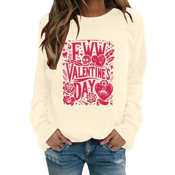 Gibobby Sudadera con forro polar Mujer Sudadera con estampado de inglesas para el día de San Valentín para mujer, camisa de amor, de manga larga para el día de San Valentín (Beige, S)