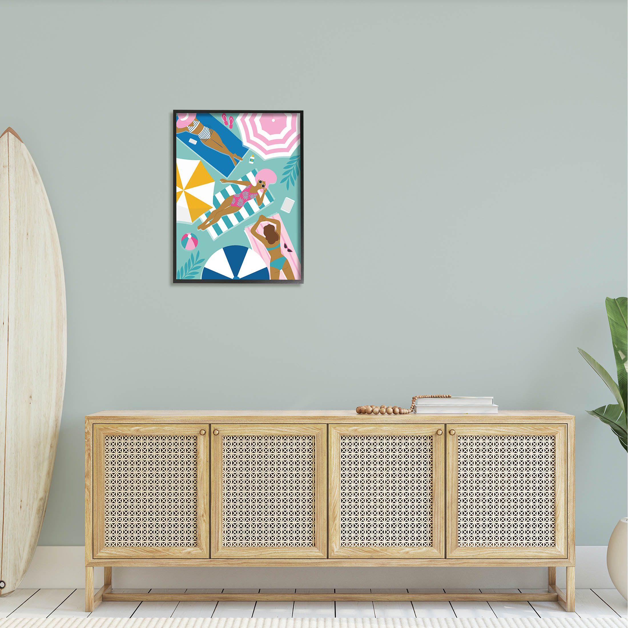 Modern Summer Sunbathing Girls Coastal Graphic Art Black Framed Art Print Wall Art