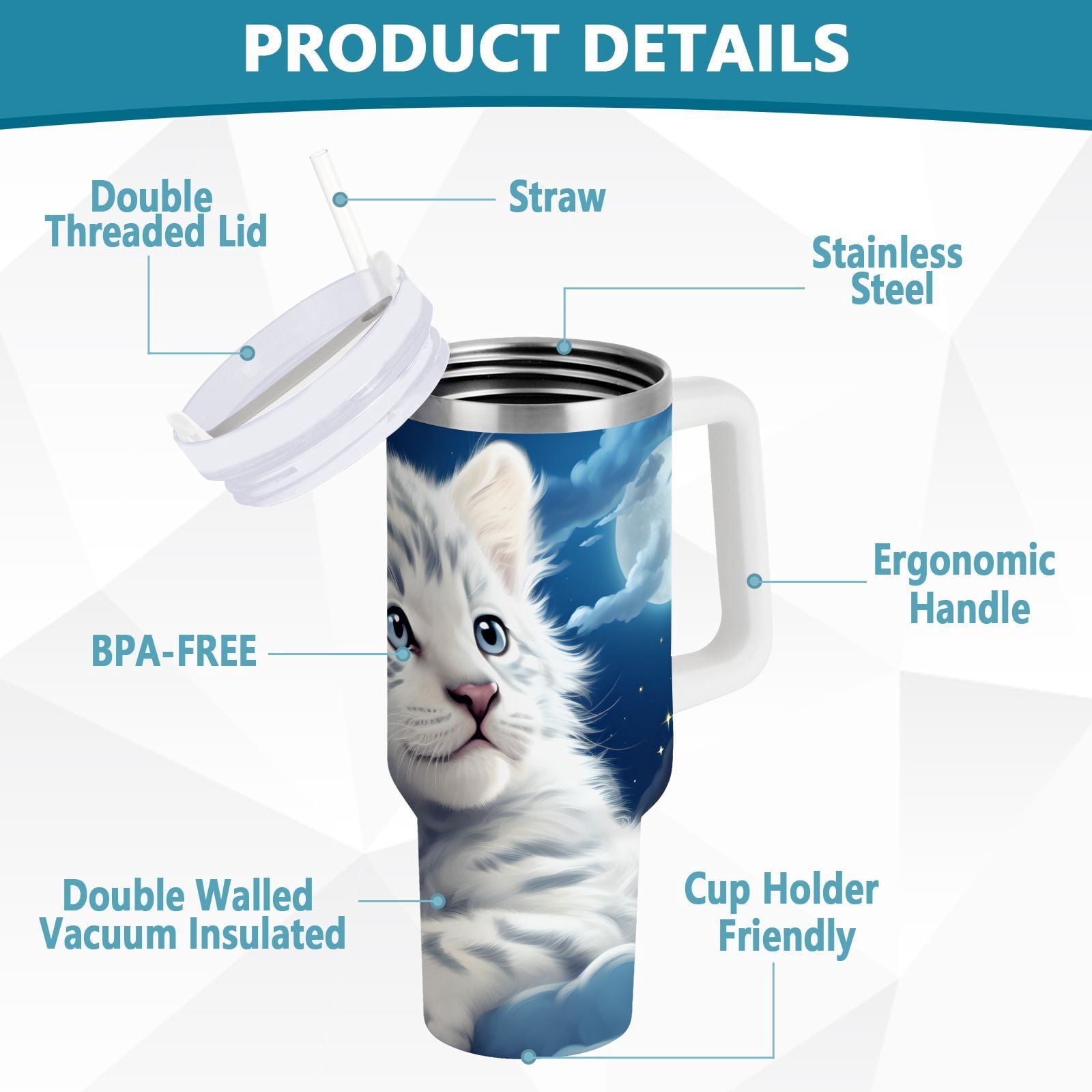 JSTEL Cute White Tiger Baby 30 oz Tumbler Stainless Steel Water Bottle Vacuum Insulated Cup with Straw Lid & Handle For Travel Car Cup Holder