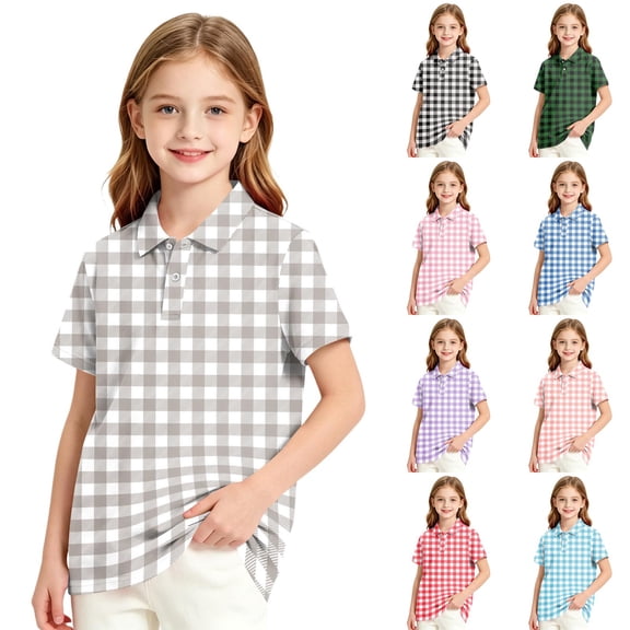 Trgacdwlo Girls Polo Shirt Plaid Short Sleeve Uniform Shirts for Girls Boys Back To School Lapel Button Lightweight Teens Outfit