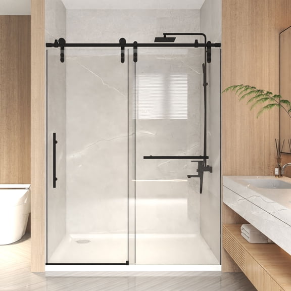 56-60" x 76" H Frameless Sliding  Shower Door, 5/16" (8mm) Clear Tempered Glass, Stainless Steel Frame,Matte Black