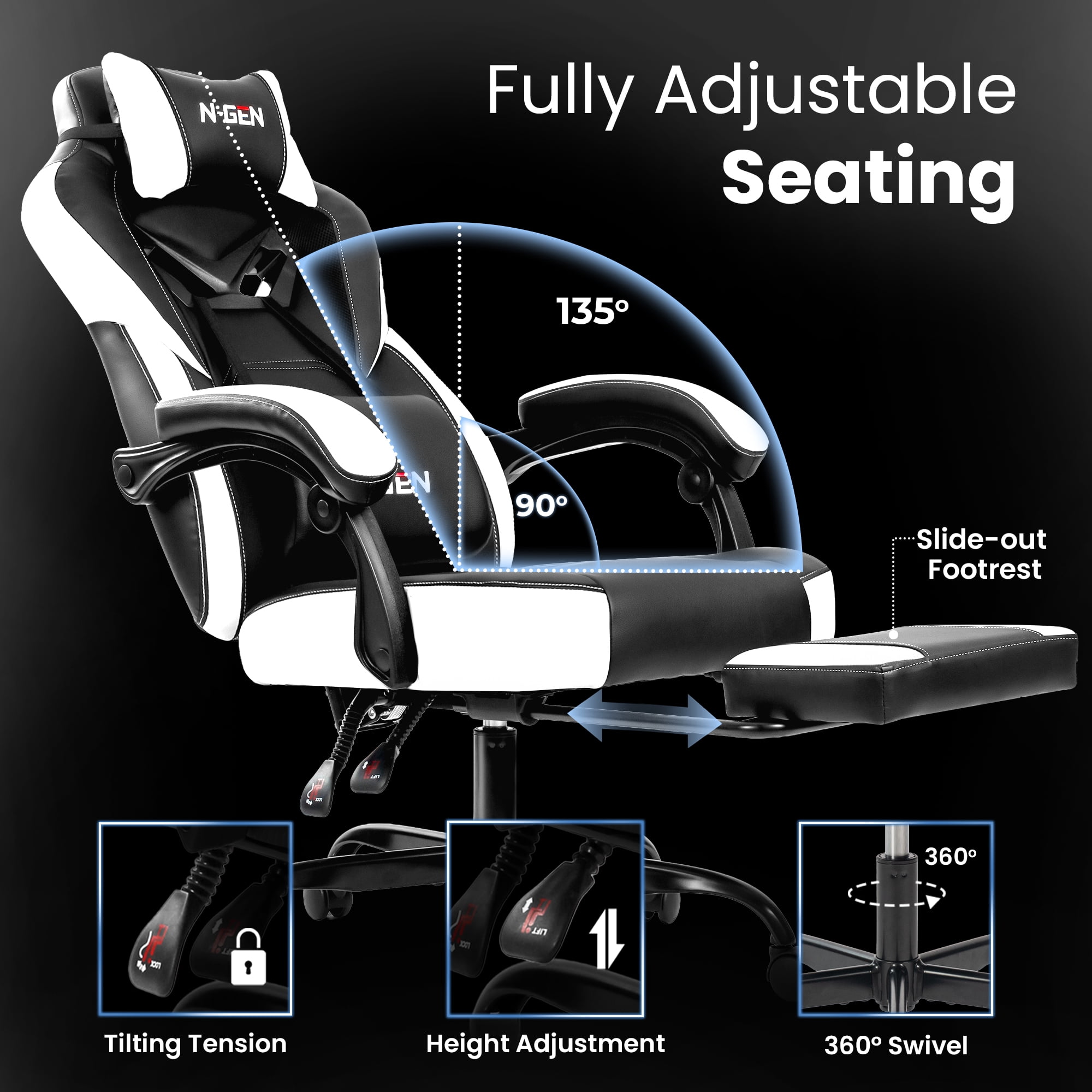 CELTOSS Gaming Chairs with Footrest, Big and Tall Gamer Chair with Headrest and Lumbar Support for adults, White