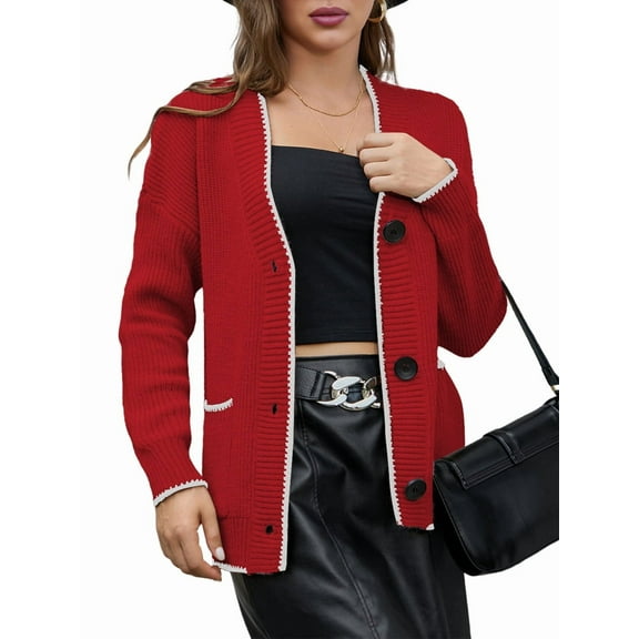 Women'S Color Block Long Sleeves Sweater Fall Button Down Casual Coatigan Soft Knit Coat with Pocket Red M