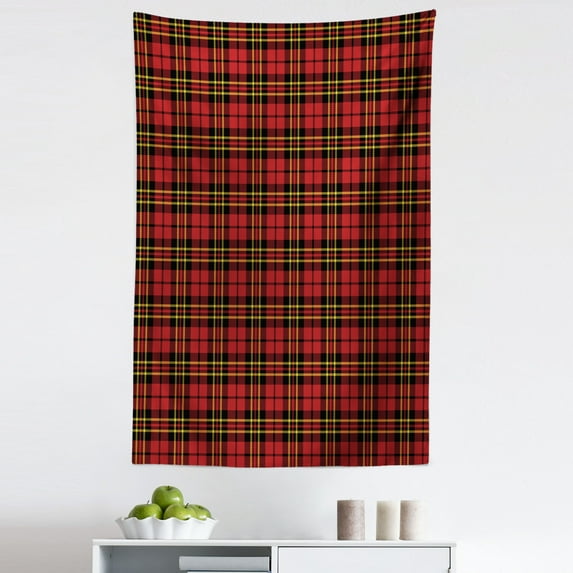 Checkered Tapestry, Scottish British Celtic Culture Traditional Design in Classical Colors, Fabric Wall Hanging Decor for Bedroom Living Room Dorm, 5 Sizes, Red Black Yellow, by Ambesonne