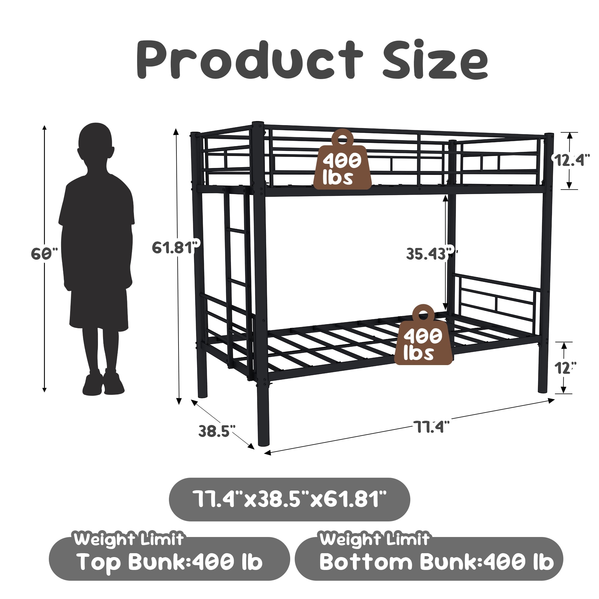 Alvantor Metal Bunk Bed Twin over Twin for Kids, Convertible 2 Beds, Heavy Duty Bed Frame with Under-Bed Storage for Bedroom Black