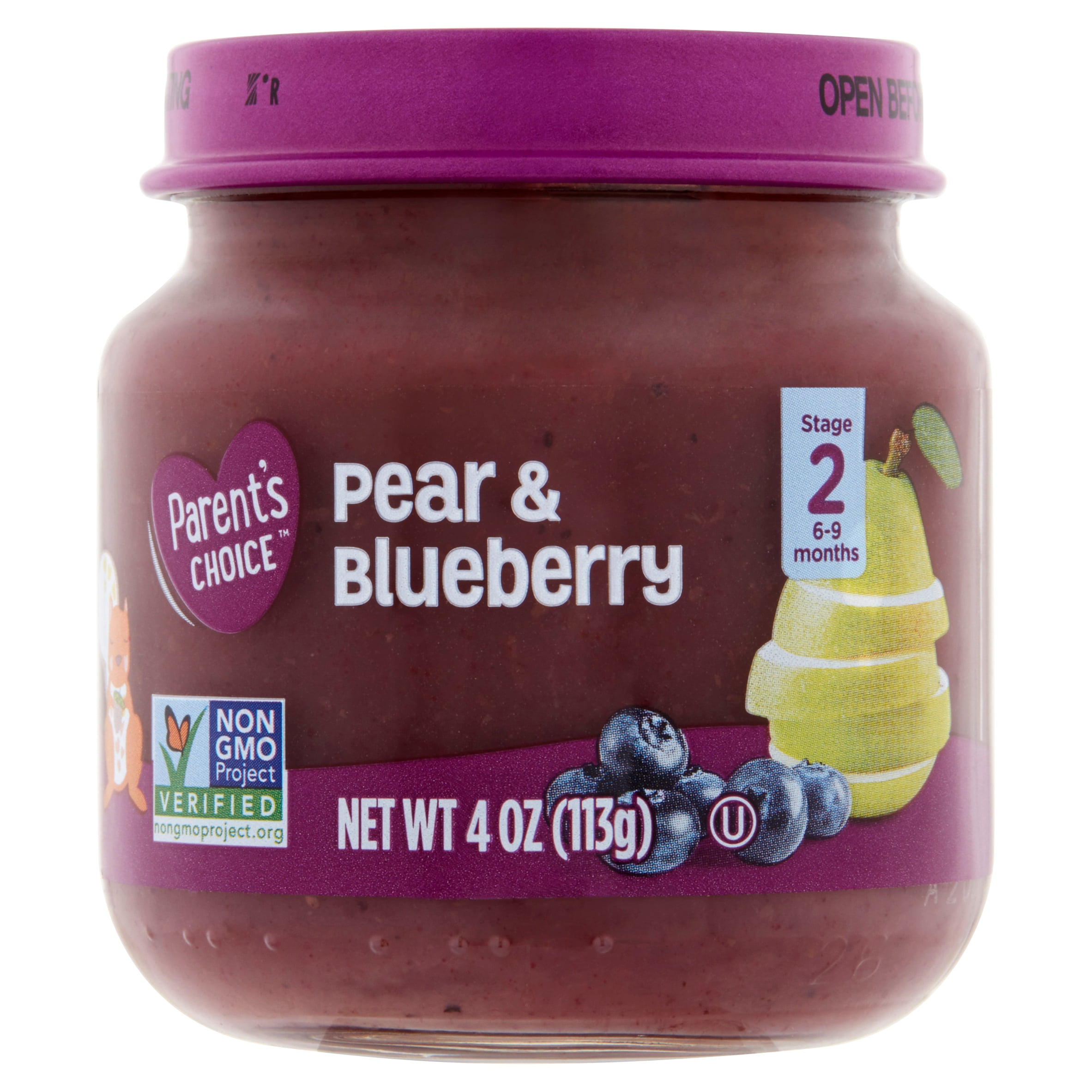 Parent's Choice Baby Food, Pear & Blueberry, Stage 2, 4 oz